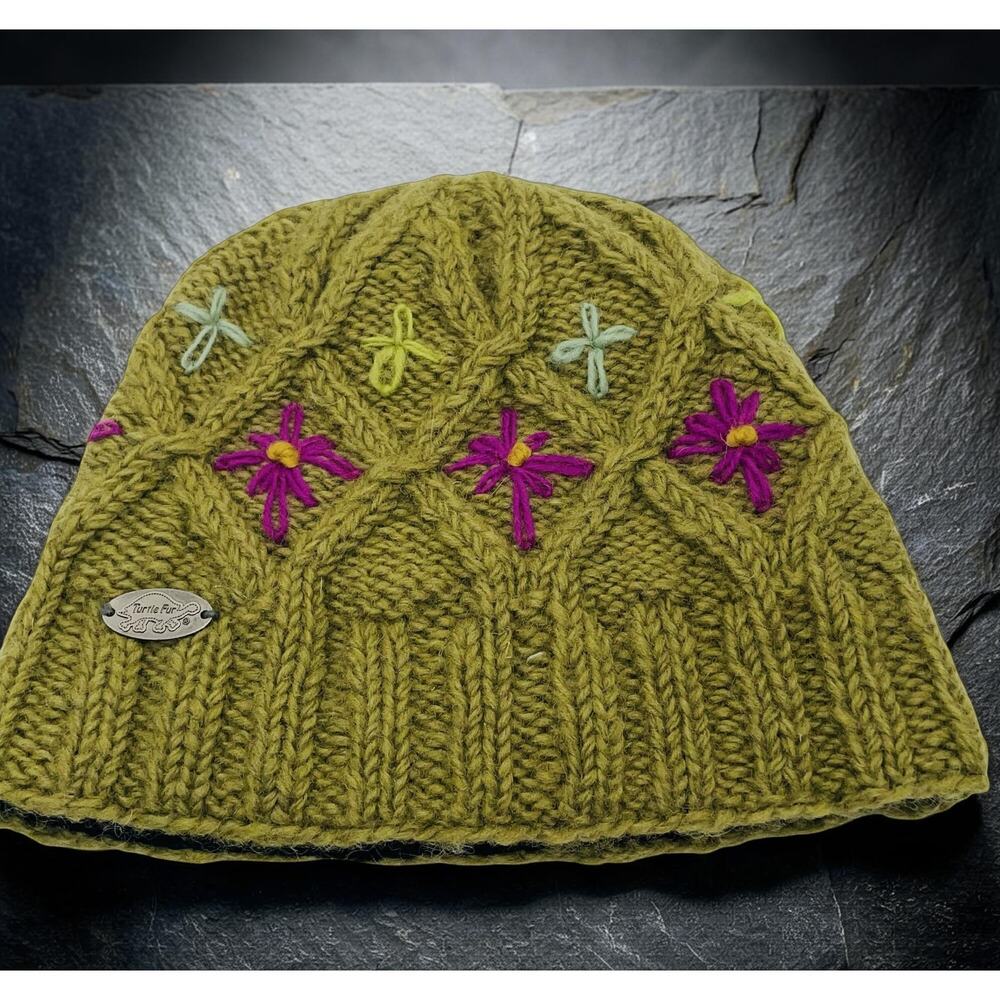 Turtle Fur Beanie Hat Green Pink Embroidered 100% Wool Handmade Nepal Winter Cap